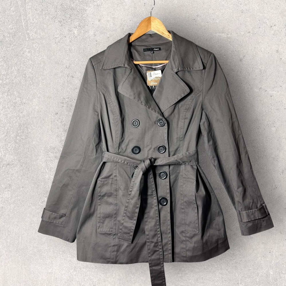 NEW Etam Trench Coat Womens US 12 Gray Double Breasted Belted‎ Stretch Jacket